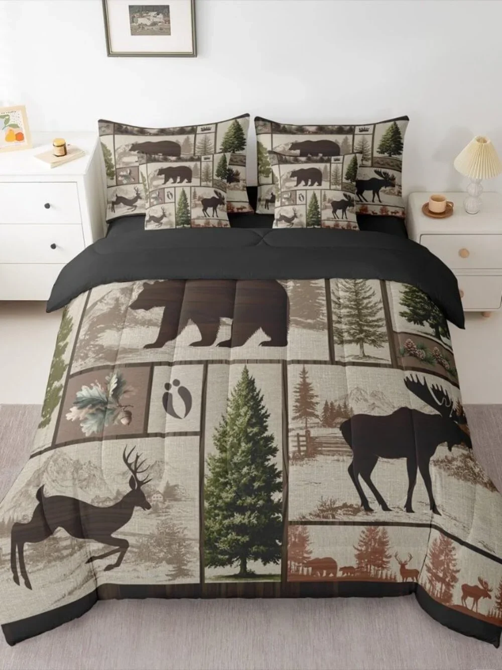 Farmhouse Cabin Bedding Set 7 Pieces,Lodge Bear Deer King Size Comforter Set wit